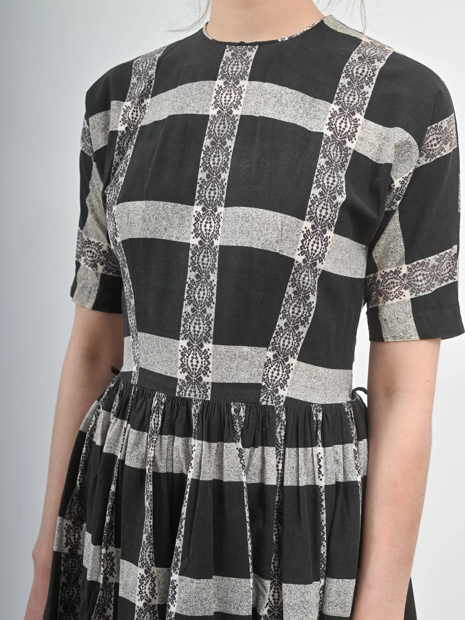 1960s Black and White Checkered Fit and Flare Cotton Dress