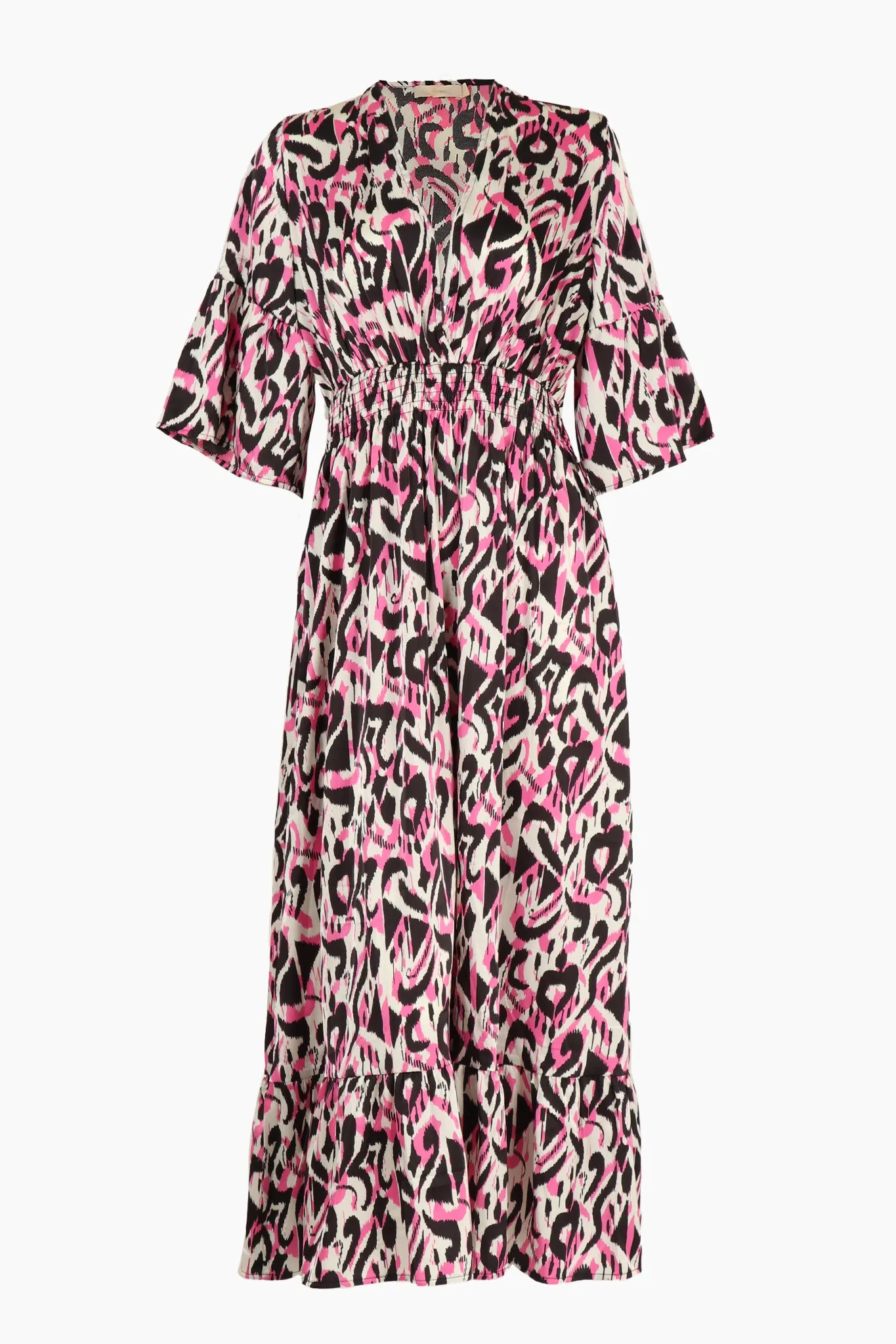 Abstract Ikat Print V-Neck Fluted Sleeve Shirred Maxi Dress in Pink