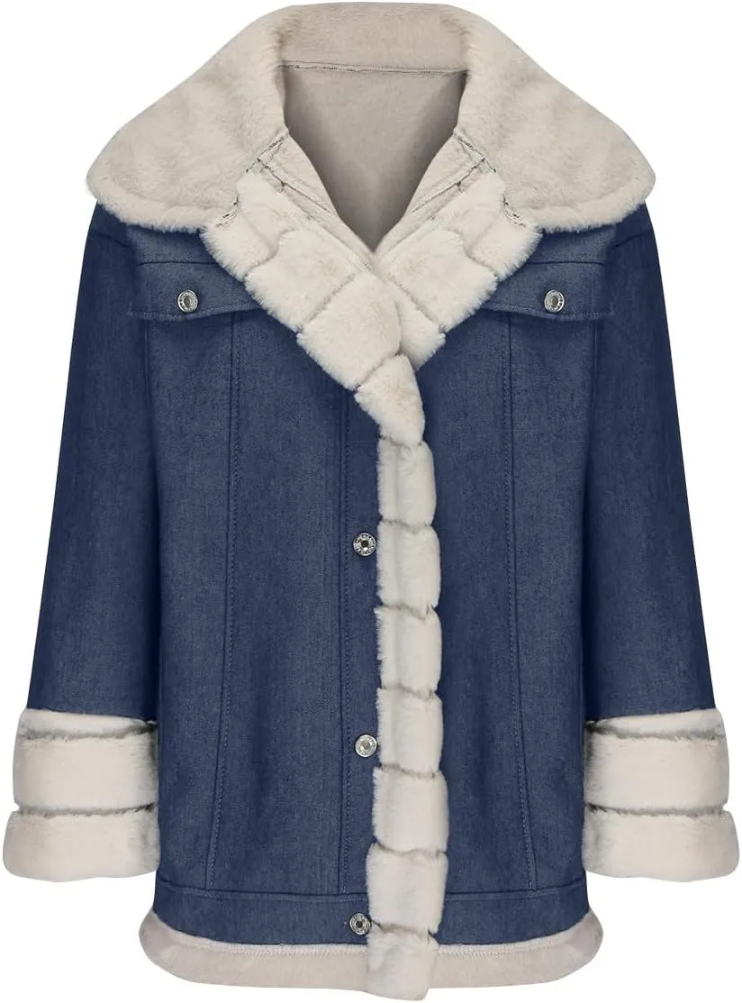 Binmer Winter Denim Coats for Women Vintage Western Fleece Lined Sherpa Jean Jackets Cold Weather Warm Outerwear with Pockets