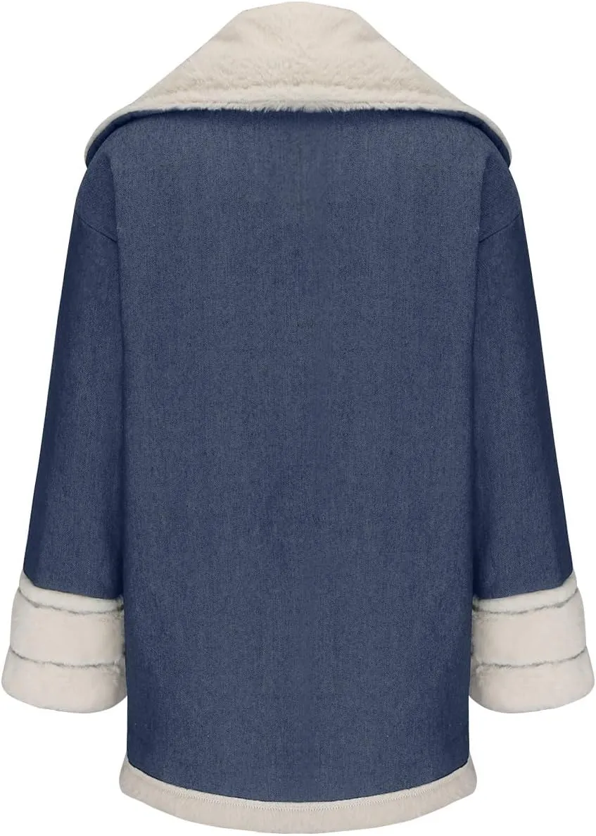 Binmer Winter Denim Coats for Women Vintage Western Fleece Lined Sherpa Jean Jackets Cold Weather Warm Outerwear with Pockets
