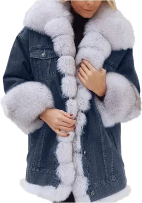 Binmer Winter Denim Coats for Women Vintage Western Fleece Lined Sherpa Jean Jackets Cold Weather Warm Outerwear with Pockets