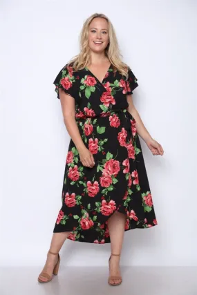 Black Floral Print High Low Plus Size Maxi Dress