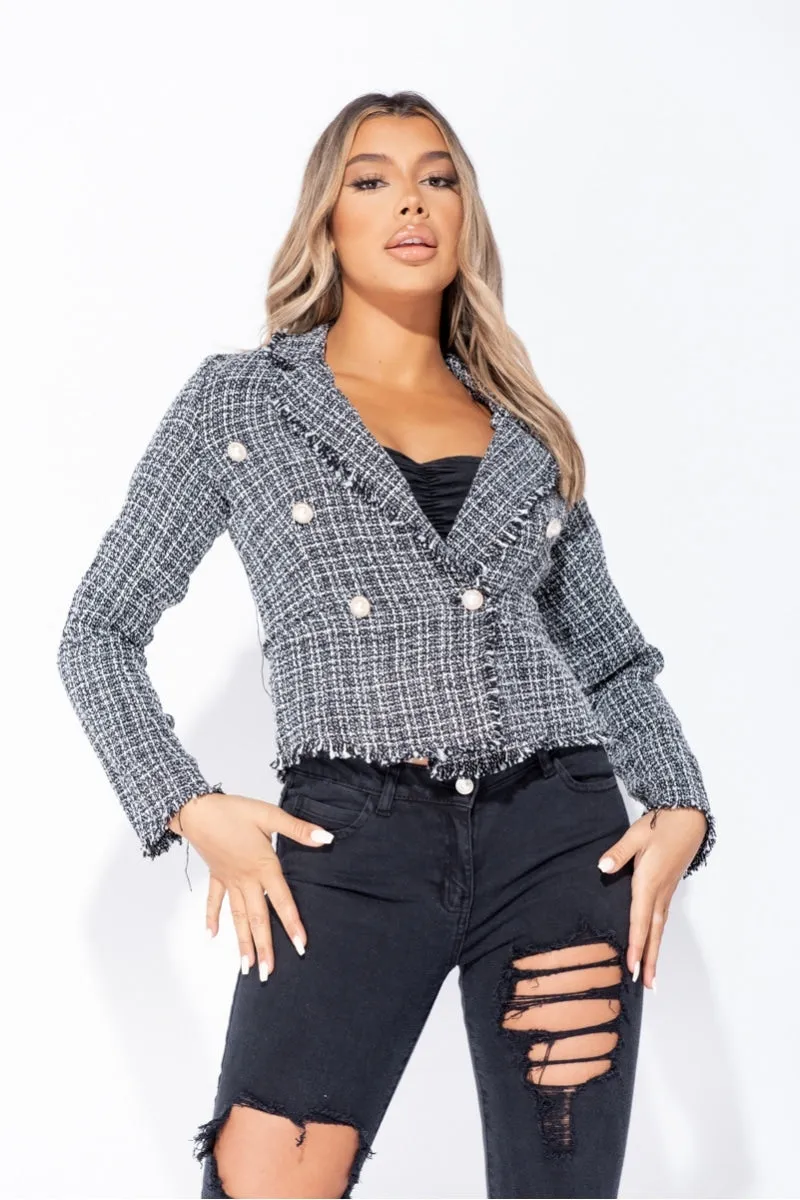 Black Tweed Check Dome Button Frayed Edge Blazer