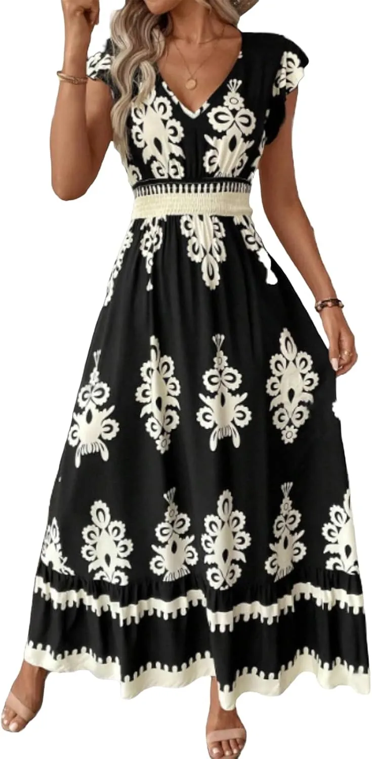 Boho Maxi Dresses for Women 2025 Summer Casual V Neck Long Dress Flowy A line Tiered Floral Beach Sundress Pockets