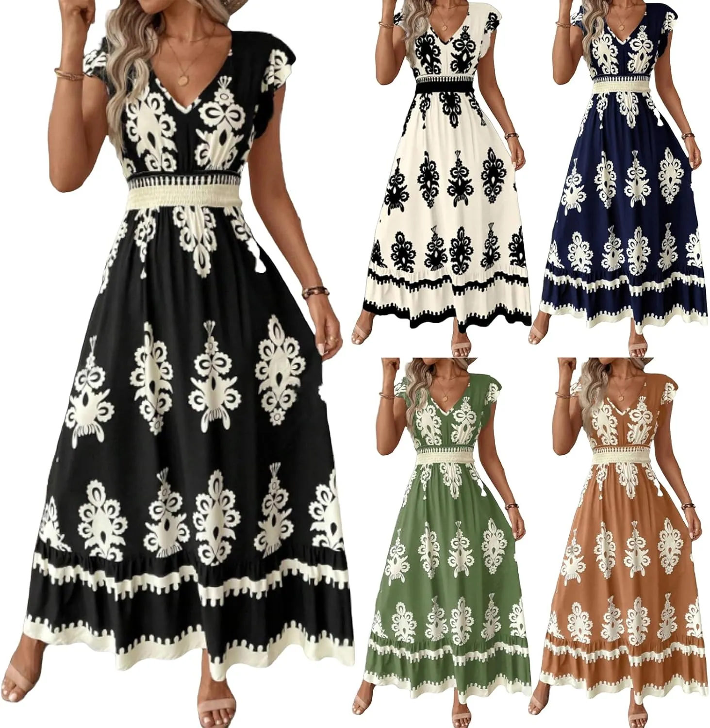 Boho Maxi Dresses for Women 2025 Summer Casual V Neck Long Dress Flowy A line Tiered Floral Beach Sundress Pockets