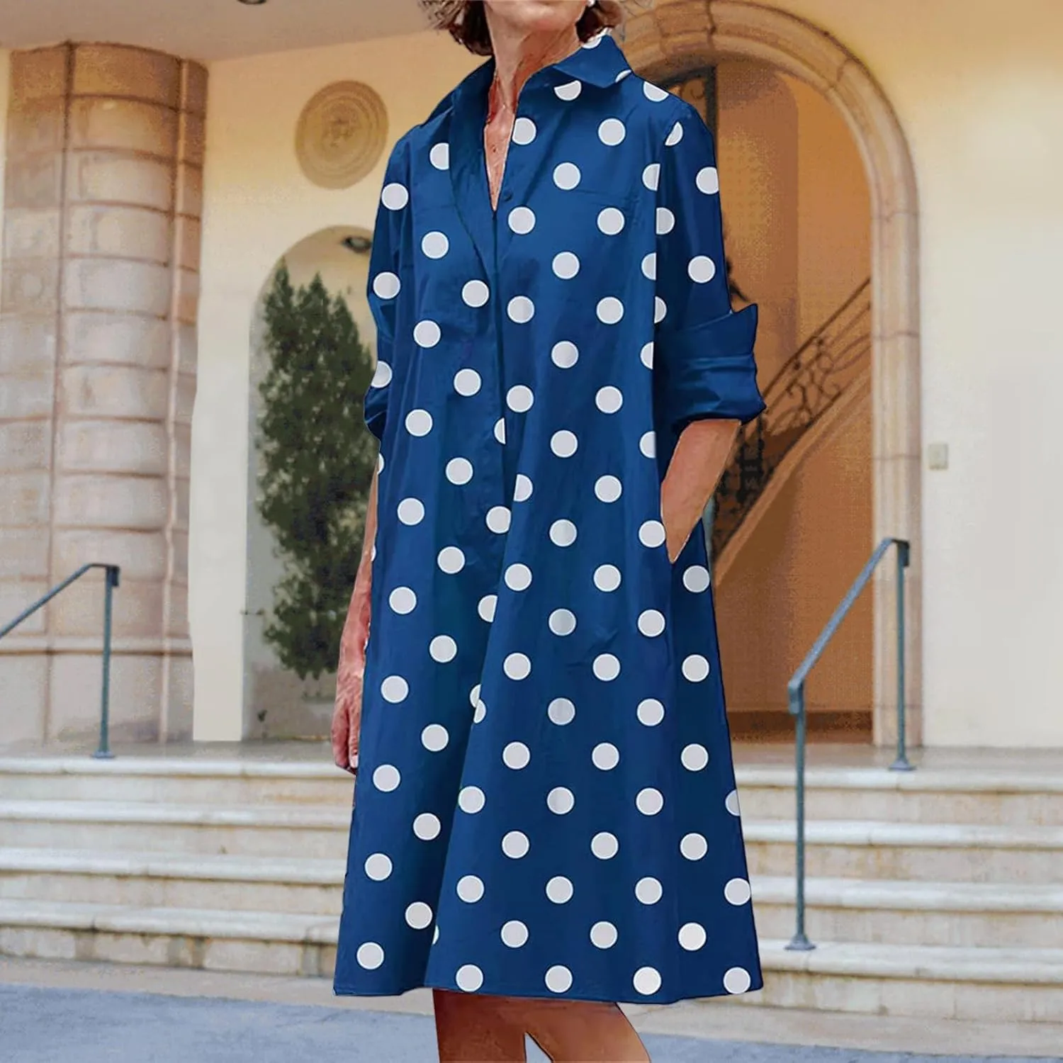 Button Down Dress for Women Summer Long Sleeve V Neck Dresses Business Casual T Shirt Dresses Vacation Sundress Pocket