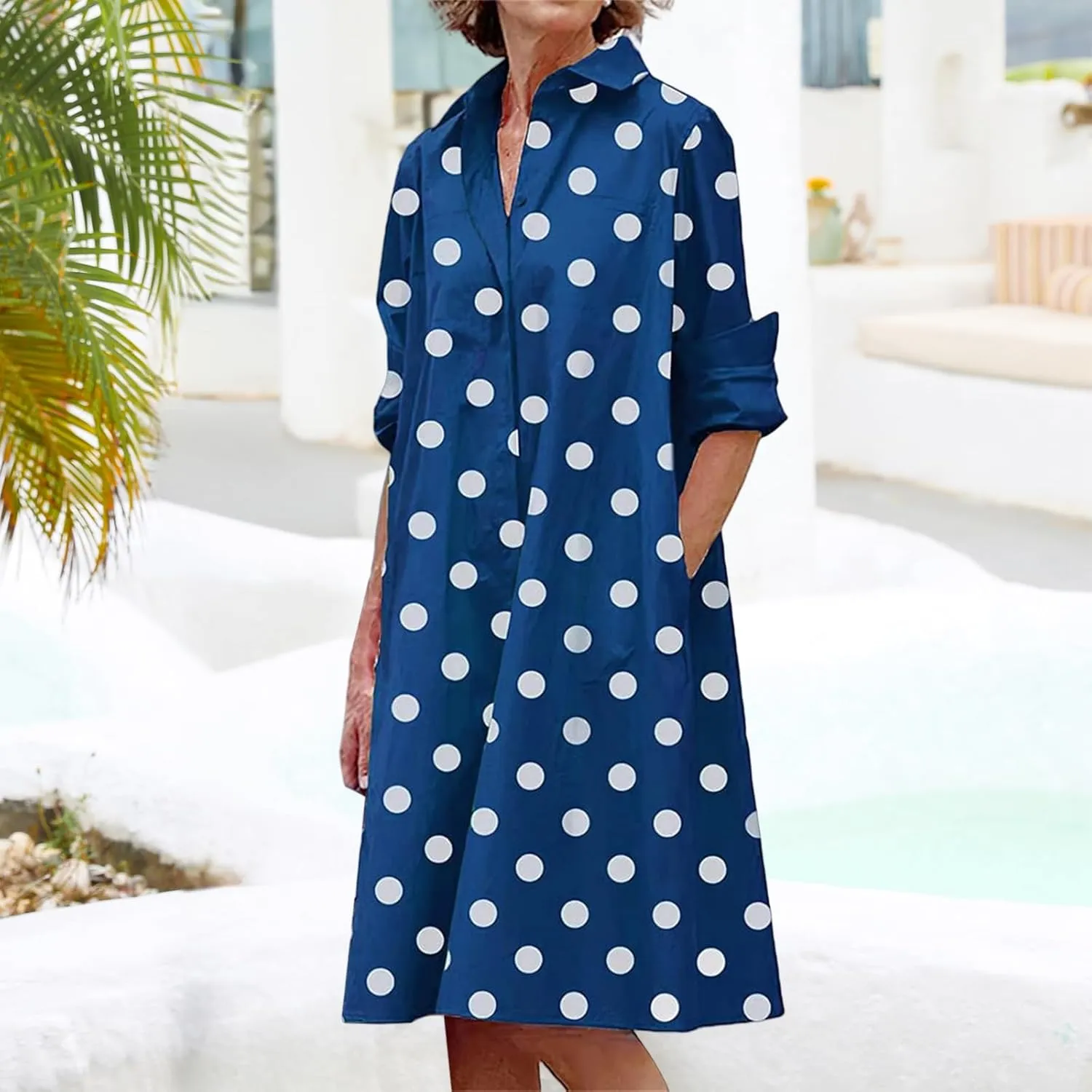 Button Down Dress for Women Summer Long Sleeve V Neck Dresses Business Casual T Shirt Dresses Vacation Sundress Pocket