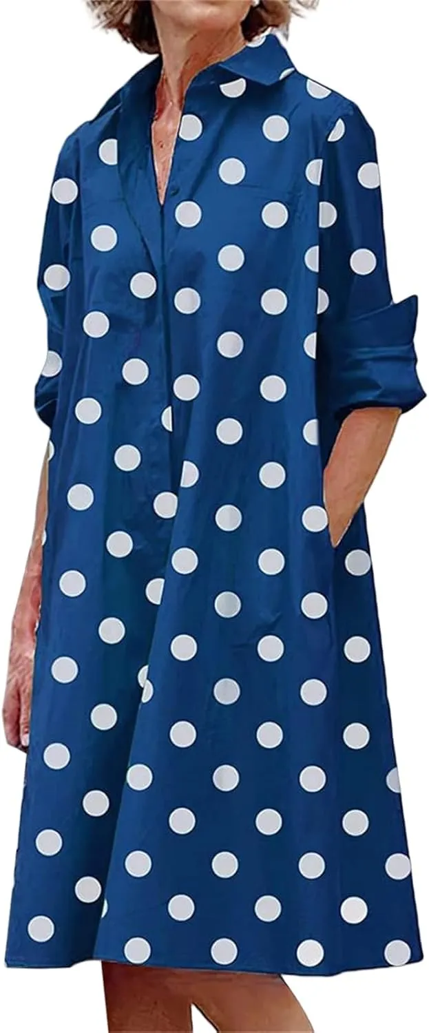 Button Down Dress for Women Summer Long Sleeve V Neck Dresses Business Casual T Shirt Dresses Vacation Sundress Pocket
