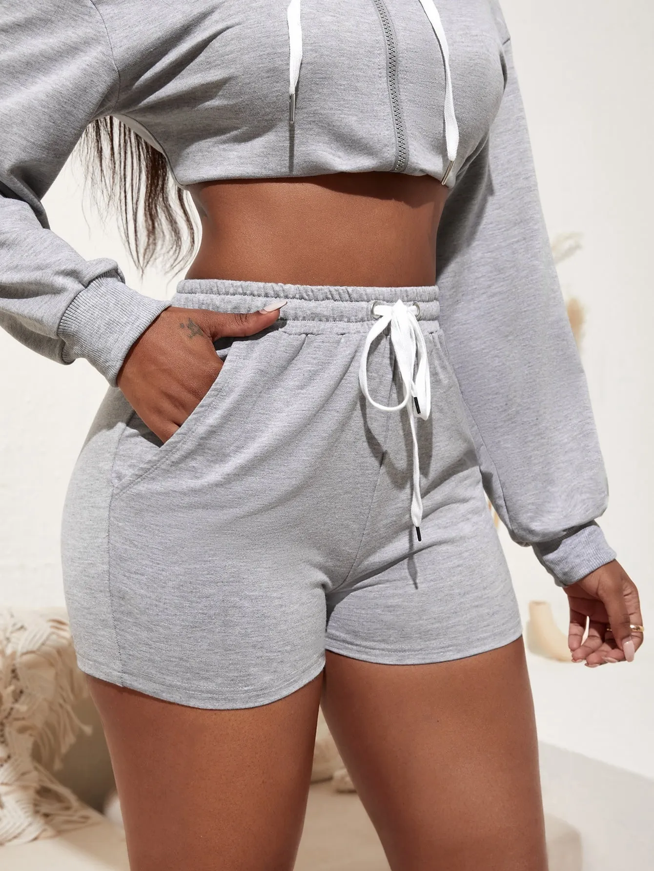 Casual Plain Drawstring Natural Women Shorts