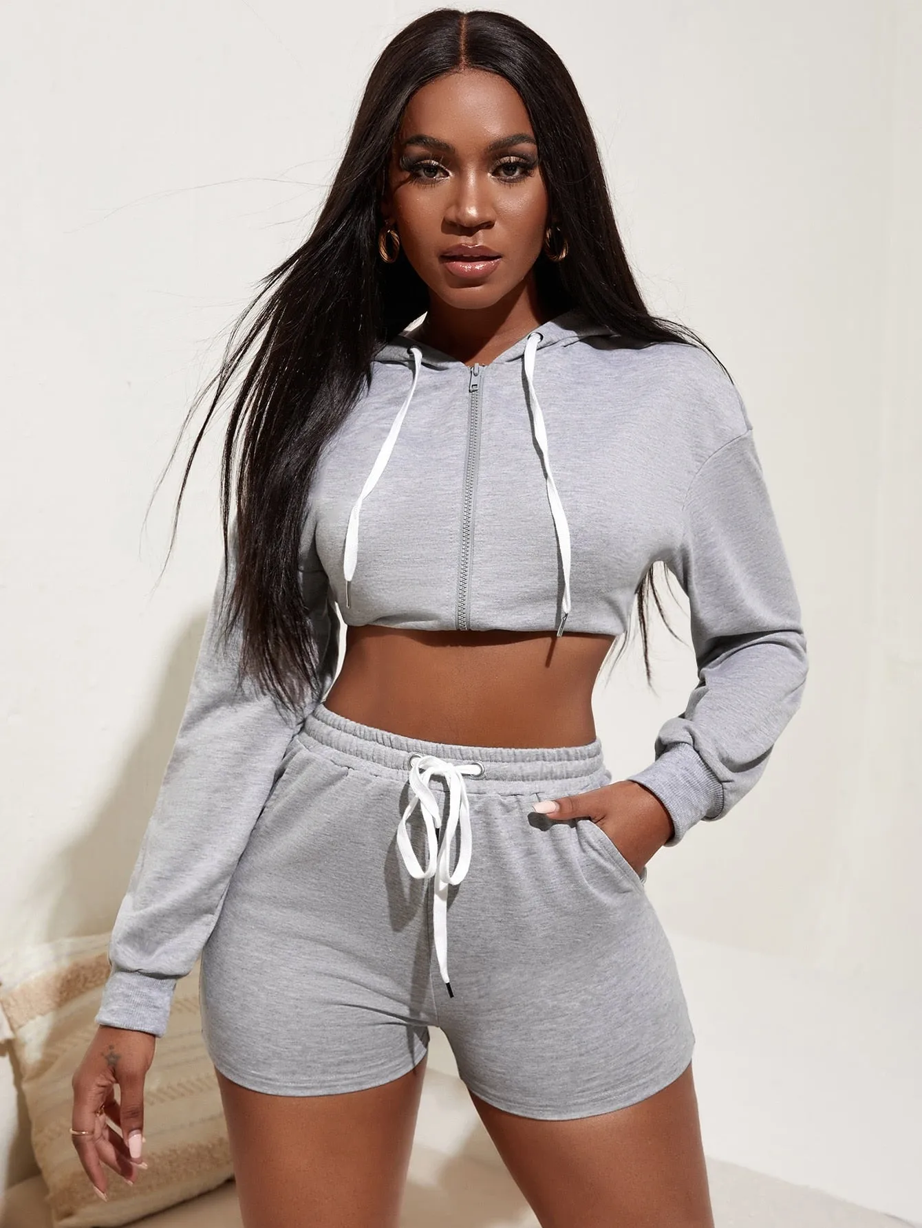 Casual Plain Drawstring Natural Women Shorts