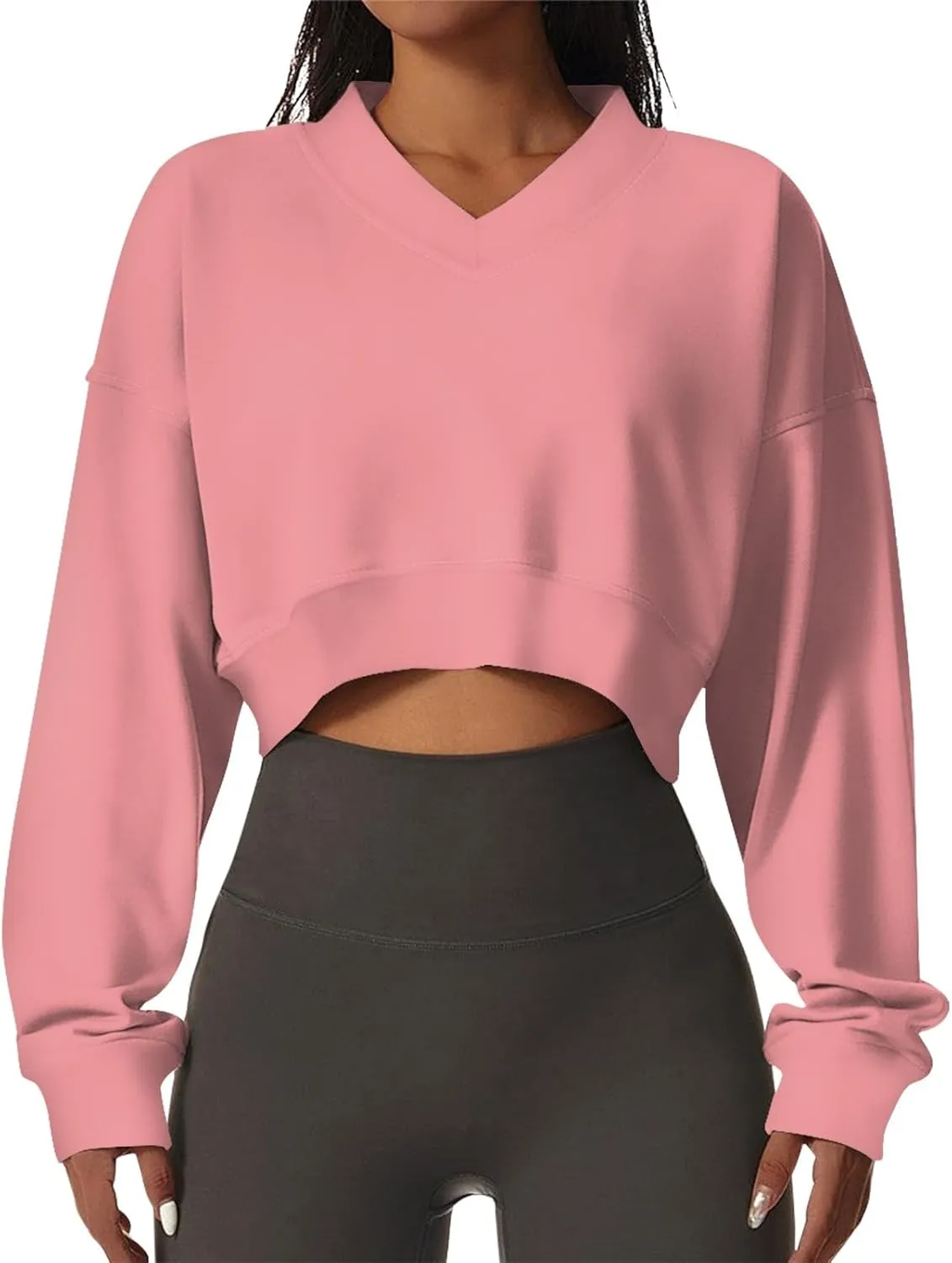 Cropped Sweatshirts for Women Oversized Casual Tunic V Neck Sweater Pullover Long Sleeve Sexy Comfy Fleece Pullover Tops