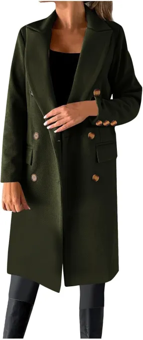 Double Breasted Peacoat for Women Winter Trendy Elegant Notched Lapel Wool Blend Trench Coat Knee Length Long Coat