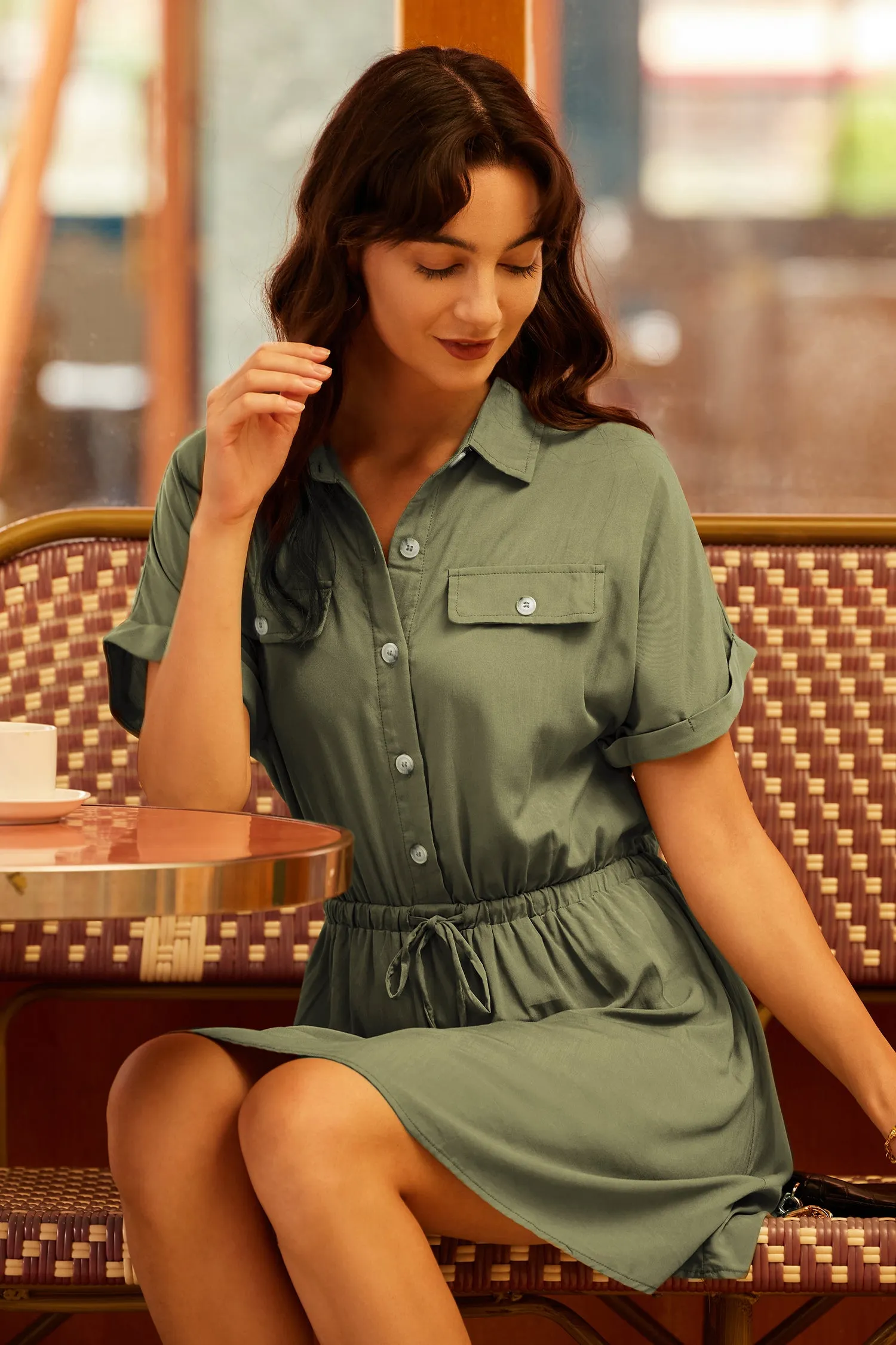 Drawstring Waist Button-Front Shirt Dress