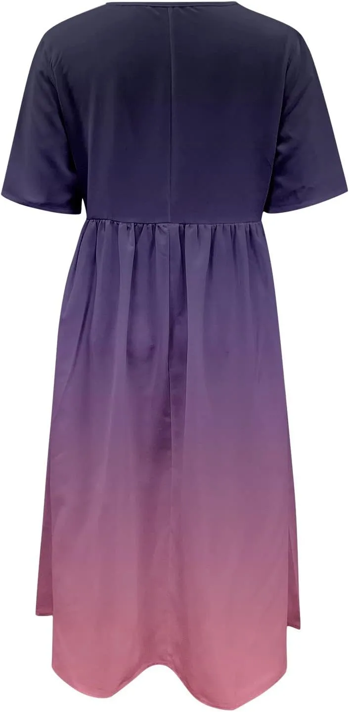 Dresses for Women 2024 Casual Loose Crewneck Short Sleeve Maxi Dress Gradient Ruched Empire Waist Summer Dresses