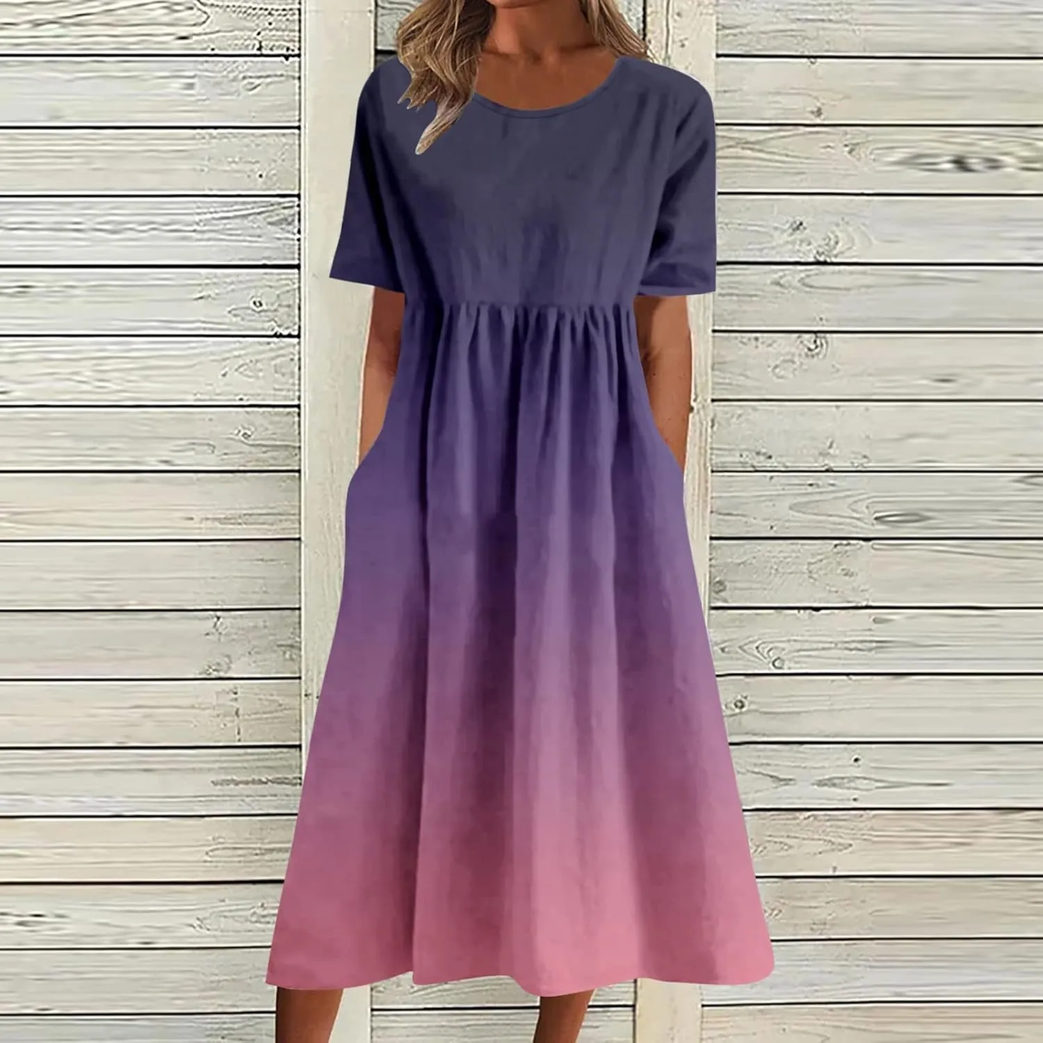 Dresses for Women 2024 Casual Loose Crewneck Short Sleeve Maxi Dress Gradient Ruched Empire Waist Summer Dresses
