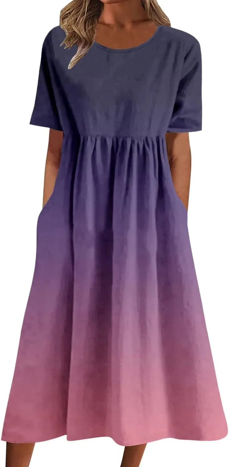 Dresses for Women 2024 Casual Loose Crewneck Short Sleeve Maxi Dress Gradient Ruched Empire Waist Summer Dresses