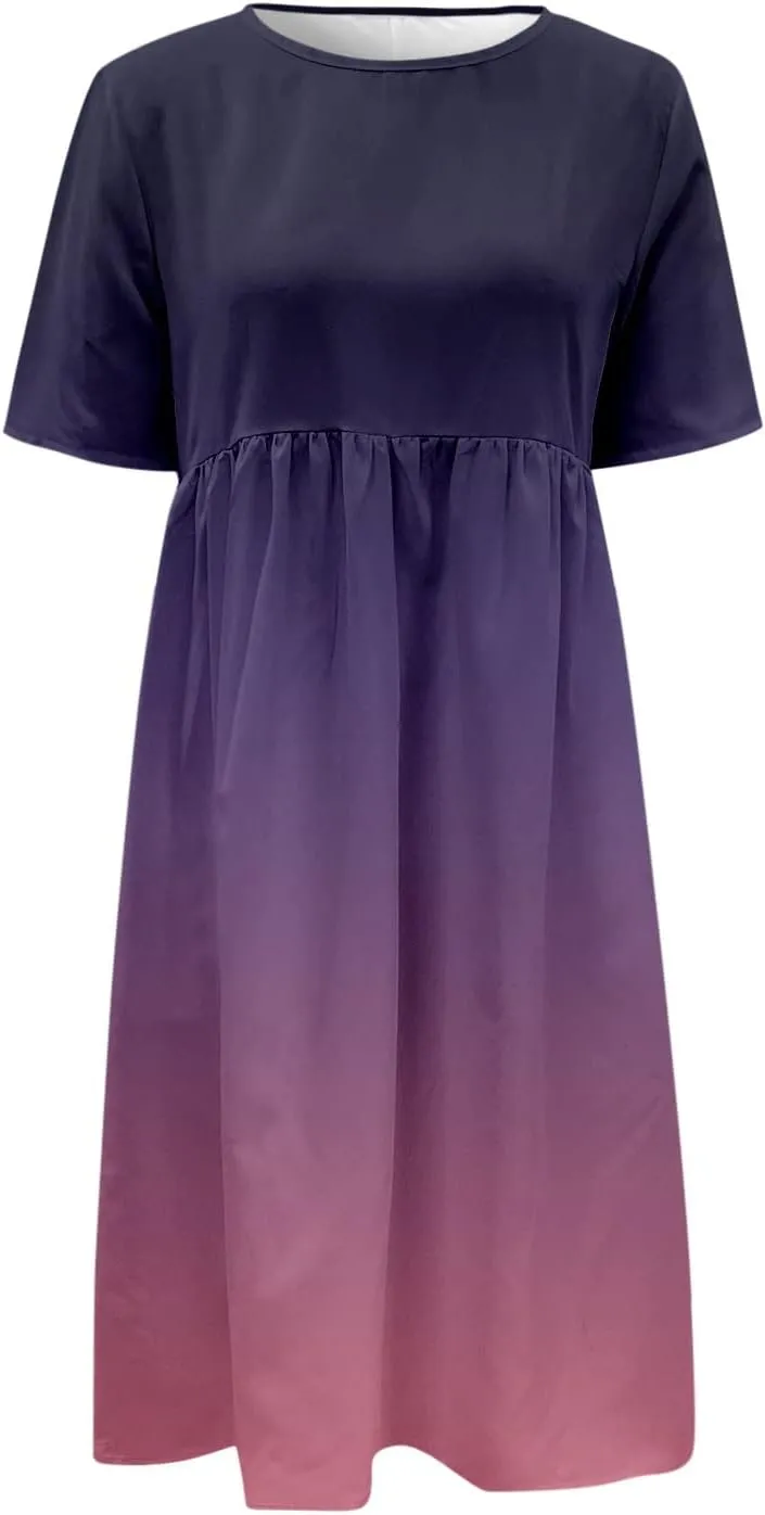 Dresses for Women 2024 Casual Loose Crewneck Short Sleeve Maxi Dress Gradient Ruched Empire Waist Summer Dresses