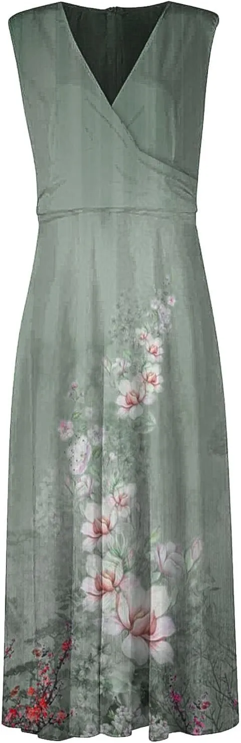 Dresses for Women 2024 Casual Printed Deep V Neck Sundress Elegant High Waist Flowy Swing Maxi Dresses Summer Dress
