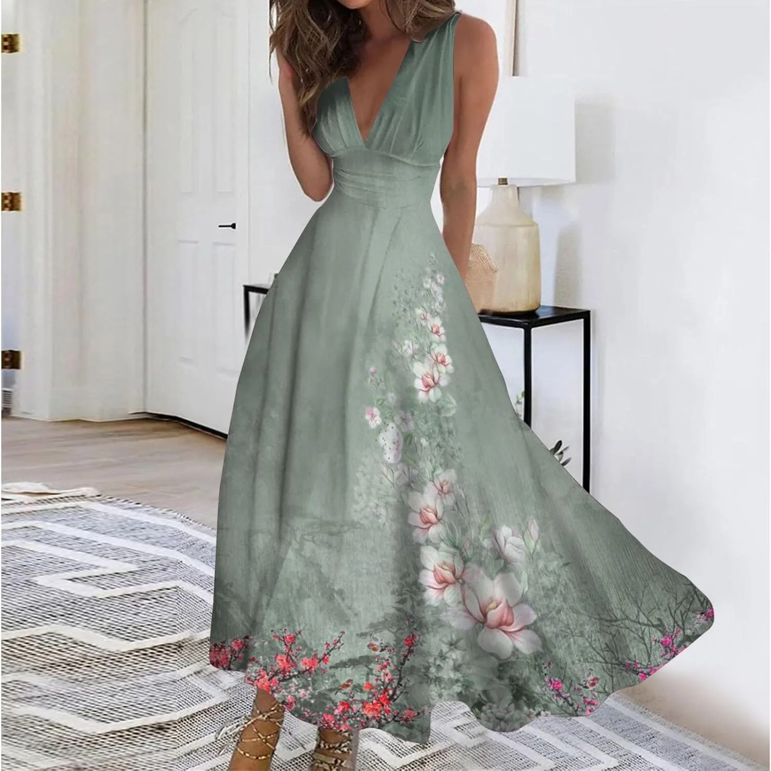 Dresses for Women 2024 Casual Printed Deep V Neck Sundress Elegant High Waist Flowy Swing Maxi Dresses Summer Dress