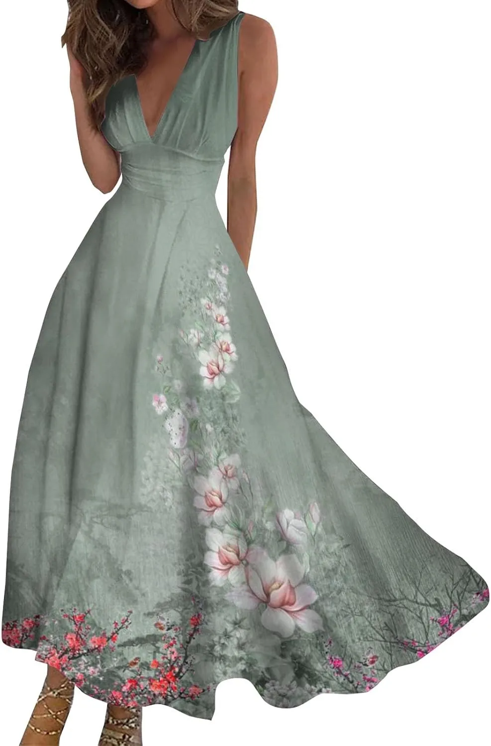 Dresses for Women 2024 Casual Printed Deep V Neck Sundress Elegant High Waist Flowy Swing Maxi Dresses Summer Dress