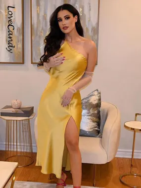 Elegant Women's Satin Off Shoulder Dress Summer Sexy Split Sleeveless Sundress Fashion Chic Ladies Party Club Dress