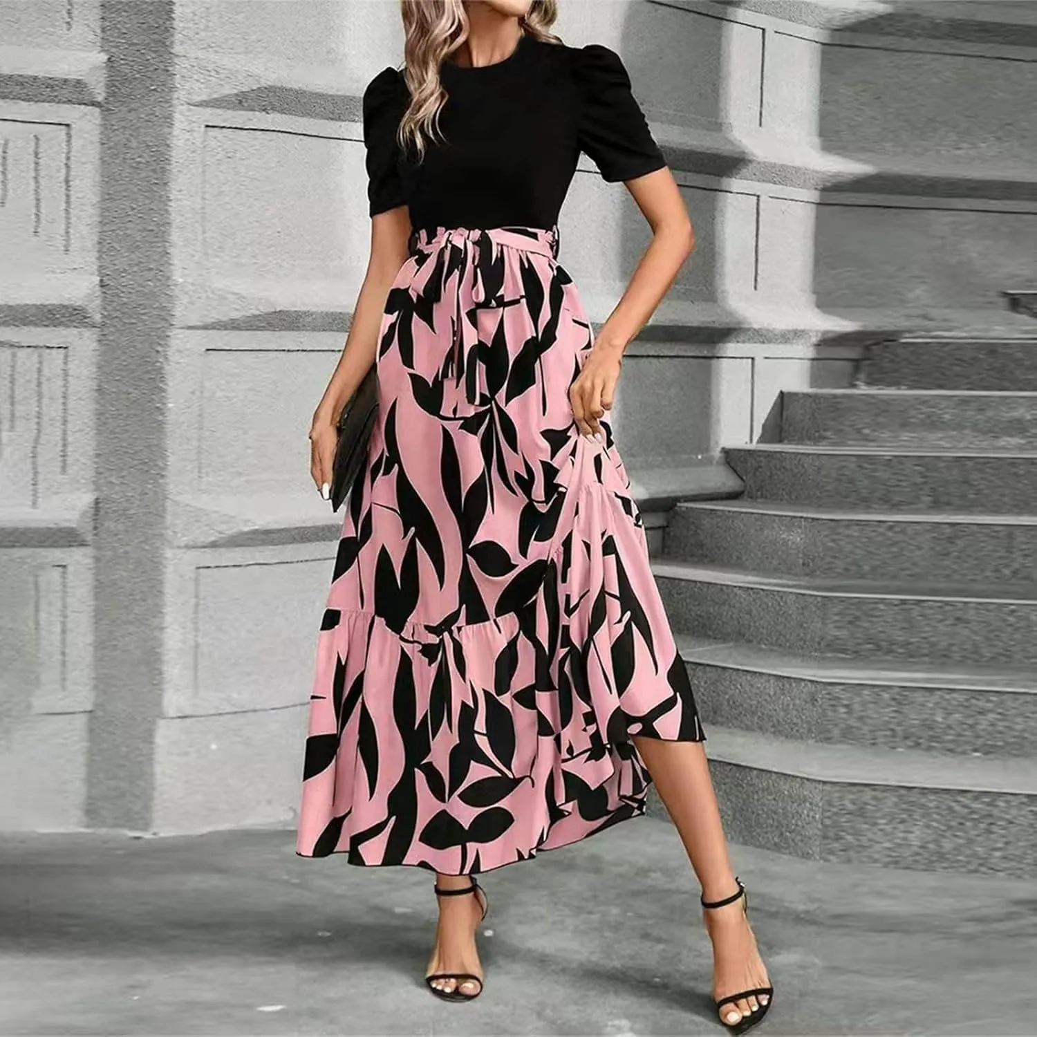 fanmpghleoo Summer Maxi Dresses for Women 2025 Short Sleeve Empire Waist Dress Flowy Beach Vacation Wrap A Line Midi Dresses