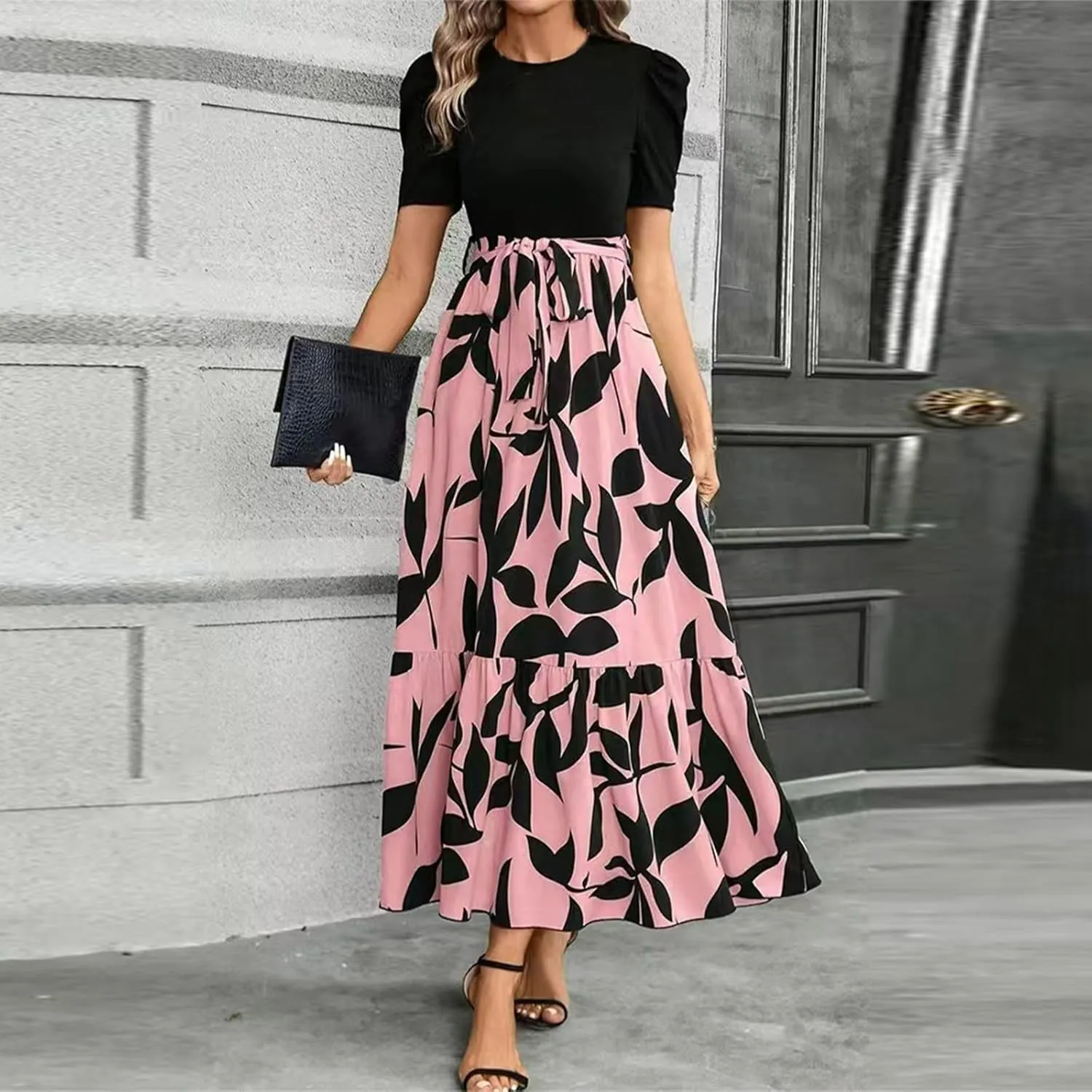 fanmpghleoo Summer Maxi Dresses for Women 2025 Short Sleeve Empire Waist Dress Flowy Beach Vacation Wrap A Line Midi Dresses