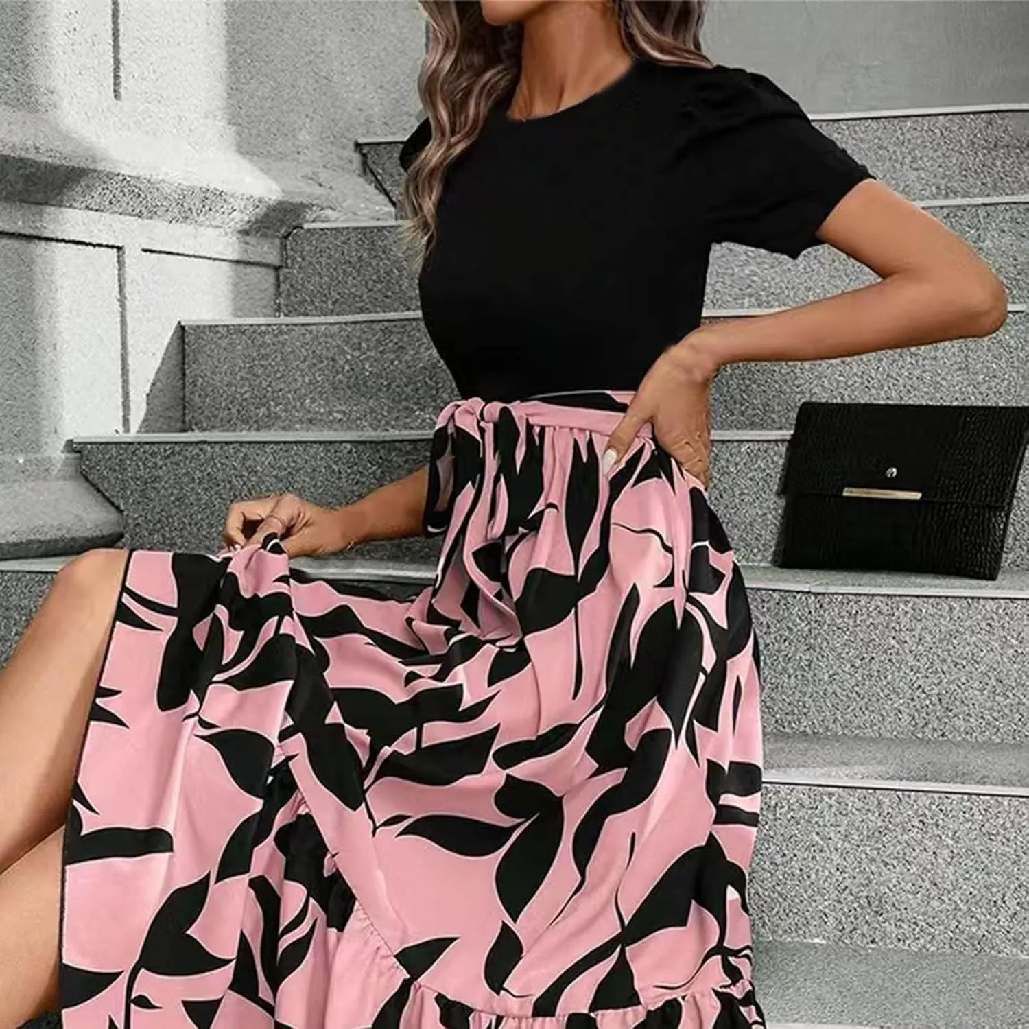 fanmpghleoo Summer Maxi Dresses for Women 2025 Short Sleeve Empire Waist Dress Flowy Beach Vacation Wrap A Line Midi Dresses
