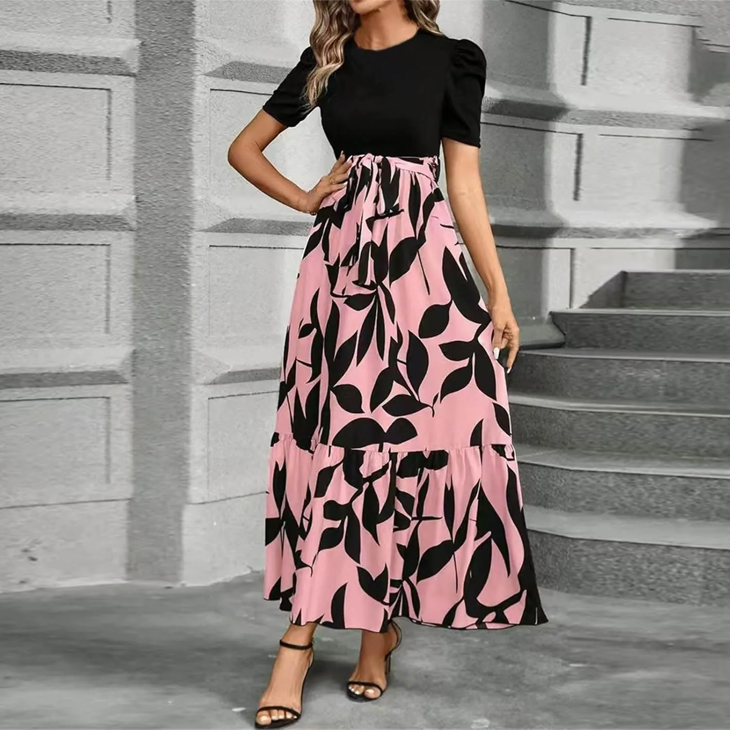 fanmpghleoo Summer Maxi Dresses for Women 2025 Short Sleeve Empire Waist Dress Flowy Beach Vacation Wrap A Line Midi Dresses