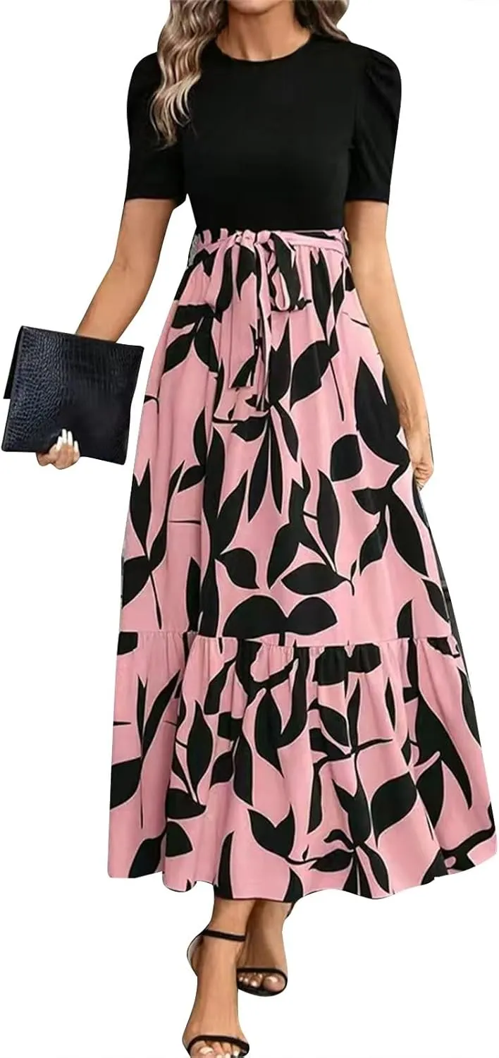 fanmpghleoo Summer Maxi Dresses for Women 2025 Short Sleeve Empire Waist Dress Flowy Beach Vacation Wrap A Line Midi Dresses