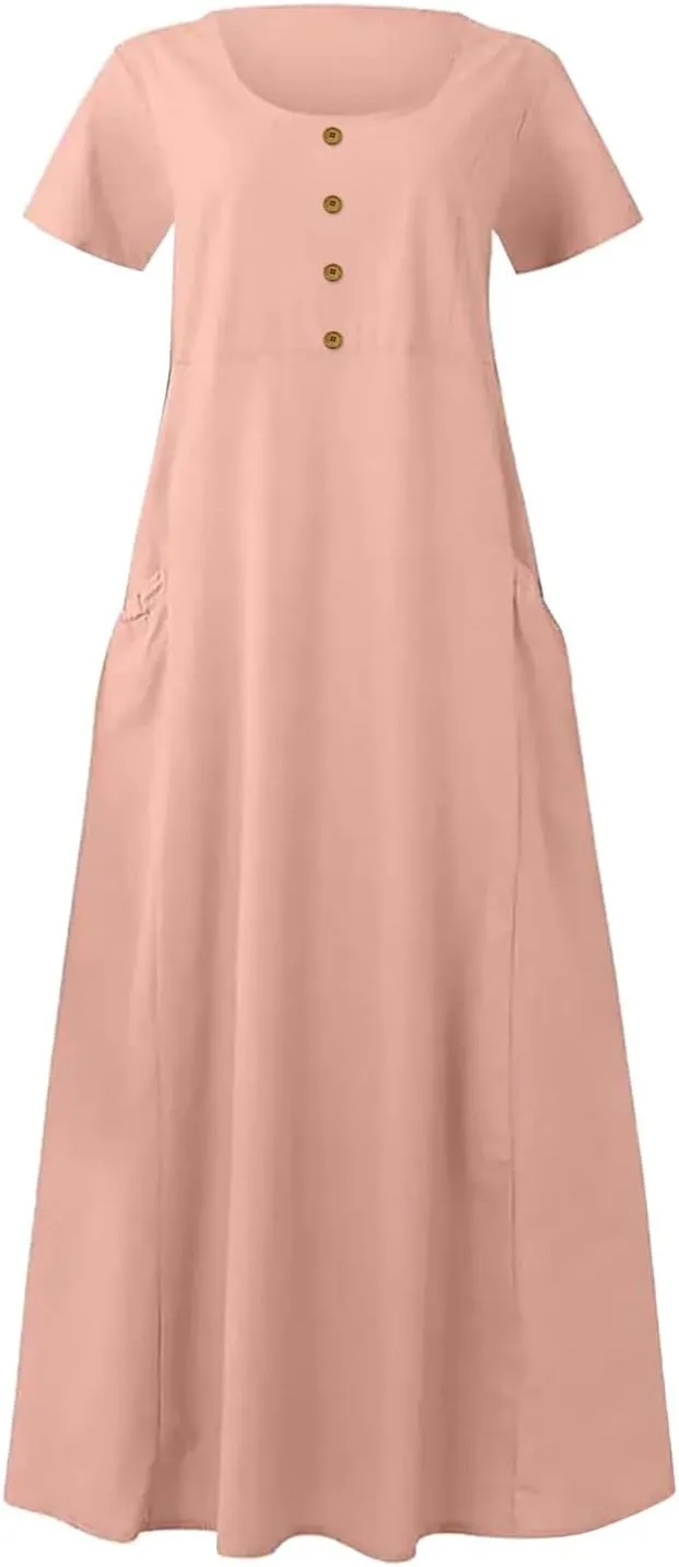 Finelylove Womens Cotton Linen Long Dress Short Sleeve Loose Flowy Dress Casual Midi Summer Beach Sundress with Pockets