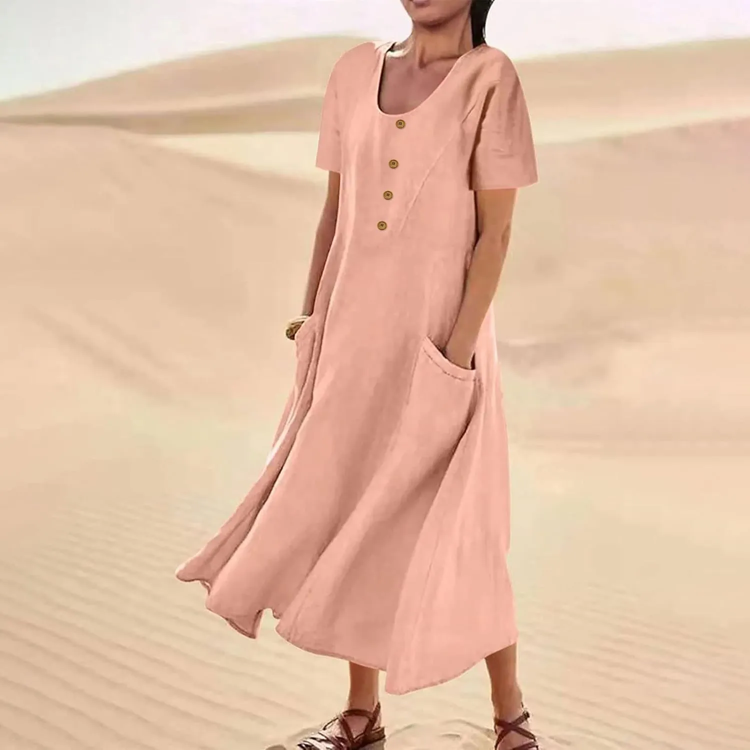 Finelylove Womens Cotton Linen Long Dress Short Sleeve Loose Flowy Dress Casual Midi Summer Beach Sundress with Pockets