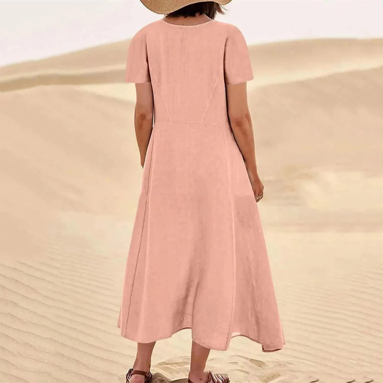 Finelylove Womens Cotton Linen Long Dress Short Sleeve Loose Flowy Dress Casual Midi Summer Beach Sundress with Pockets