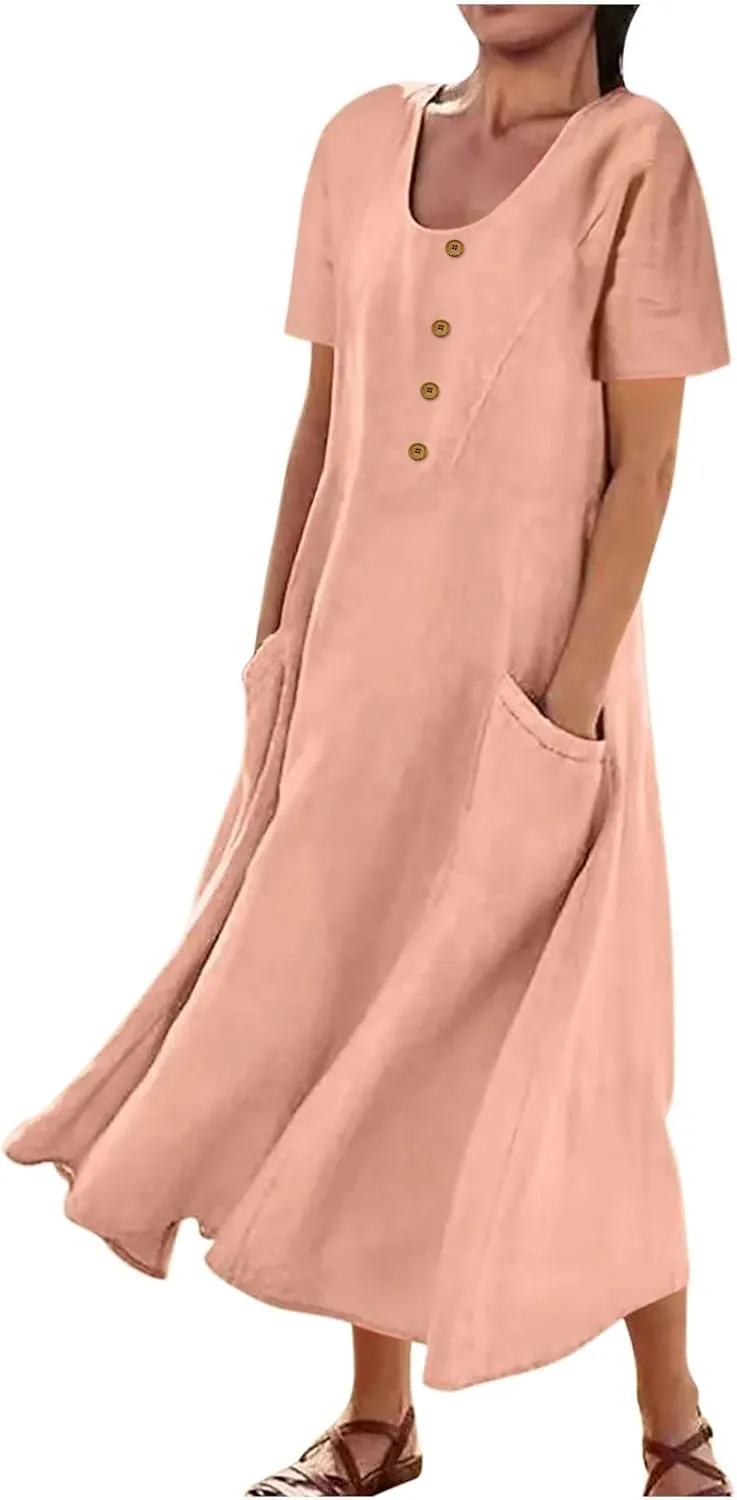 Finelylove Womens Cotton Linen Long Dress Short Sleeve Loose Flowy Dress Casual Midi Summer Beach Sundress with Pockets