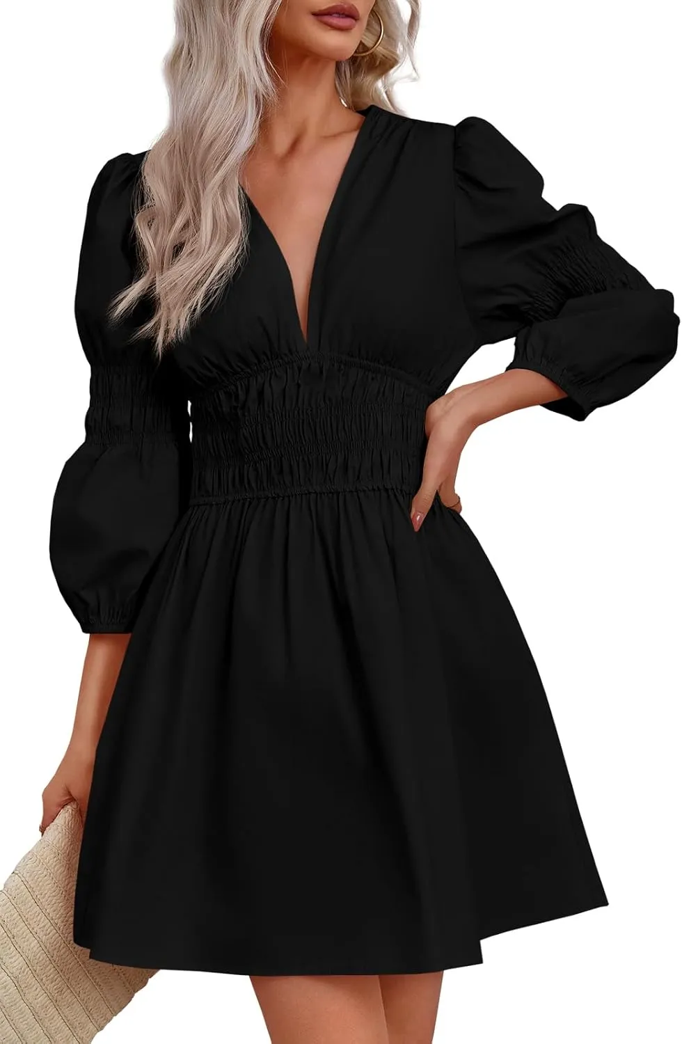 Fisoew Women's Deep V Neck Mini Dress Casual Puff Long Sleeve Smocked Waist Short Dresses Black