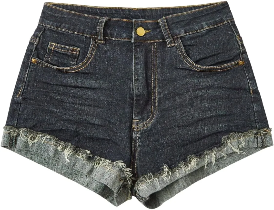 Floerns Women's Distressed Skinny Denim Shorts Low Waist Rolled Hem Casual Short Jeans