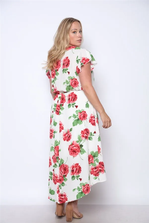Fuschia Pink Floral Print High Low Plus Size Maxi Dress
