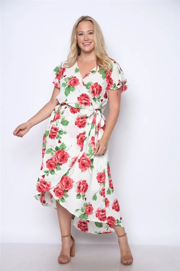 Fuschia Pink Floral Print High Low Plus Size Maxi Dress