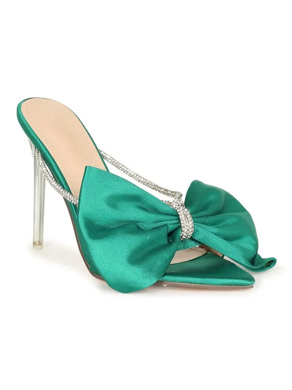 Green Bow Rhinestone Stiletto Sandals