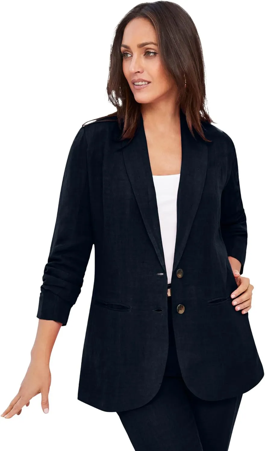 Jessica London Women's Plus Size Casual Long Sleeve Linen Blazer Jacket with Pockets
