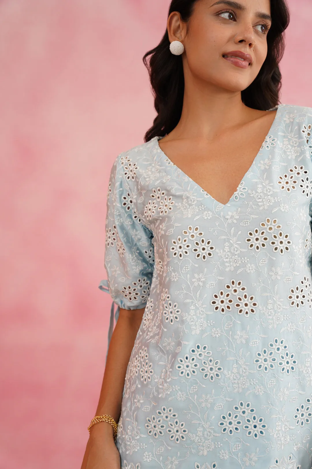 Light Blue Embroidered Skirt Set