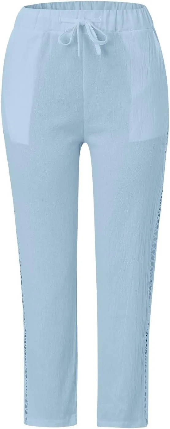 Linen Capris for Women Lightweight Summer Pants Drawstring Elastic Waisted Vacation Beach Linen Pants Casual Travel Trousers