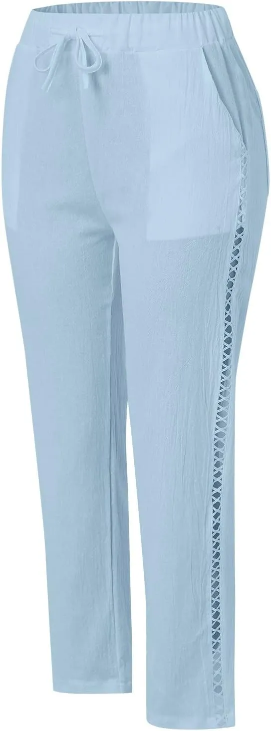 Linen Capris for Women Lightweight Summer Pants Drawstring Elastic Waisted Vacation Beach Linen Pants Casual Travel Trousers