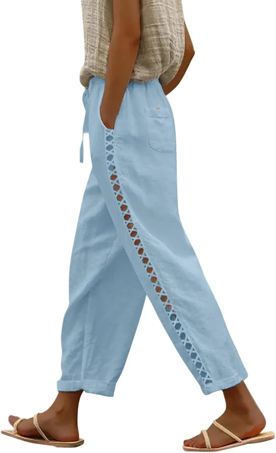 Linen Capris for Women Lightweight Summer Pants Drawstring Elastic Waisted Vacation Beach Linen Pants Casual Travel Trousers