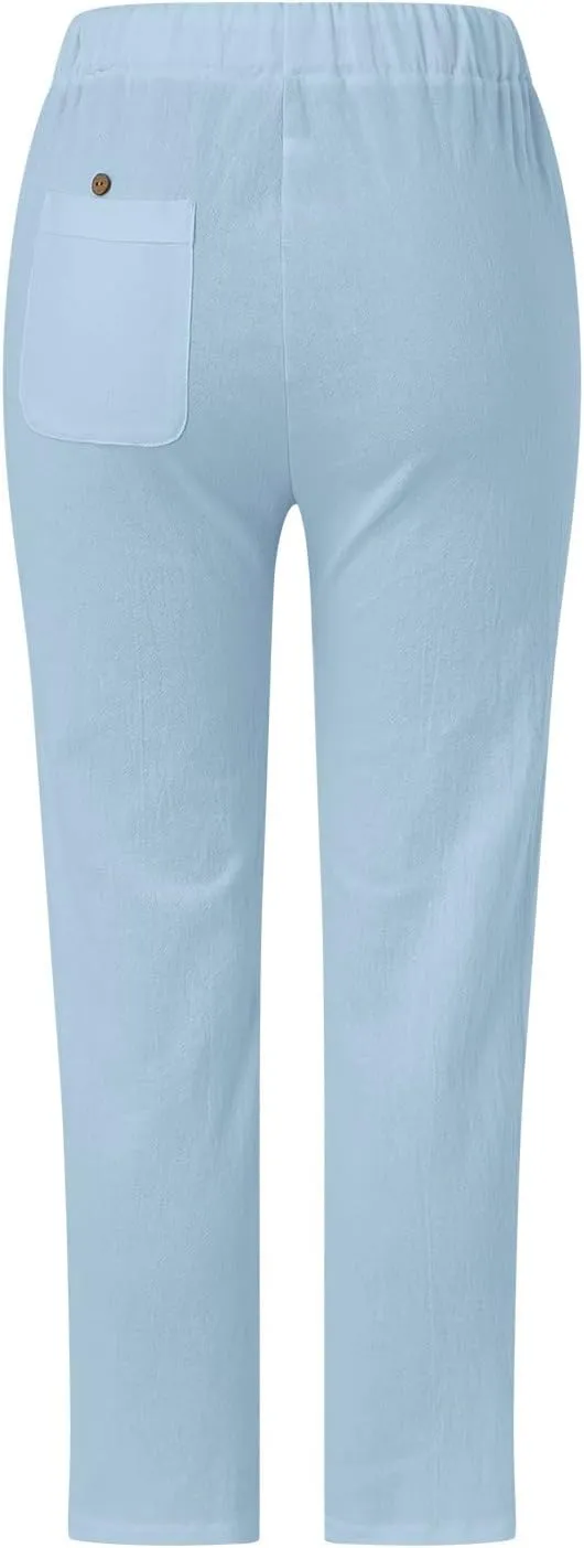 Linen Capris for Women Lightweight Summer Pants Drawstring Elastic Waisted Vacation Beach Linen Pants Casual Travel Trousers