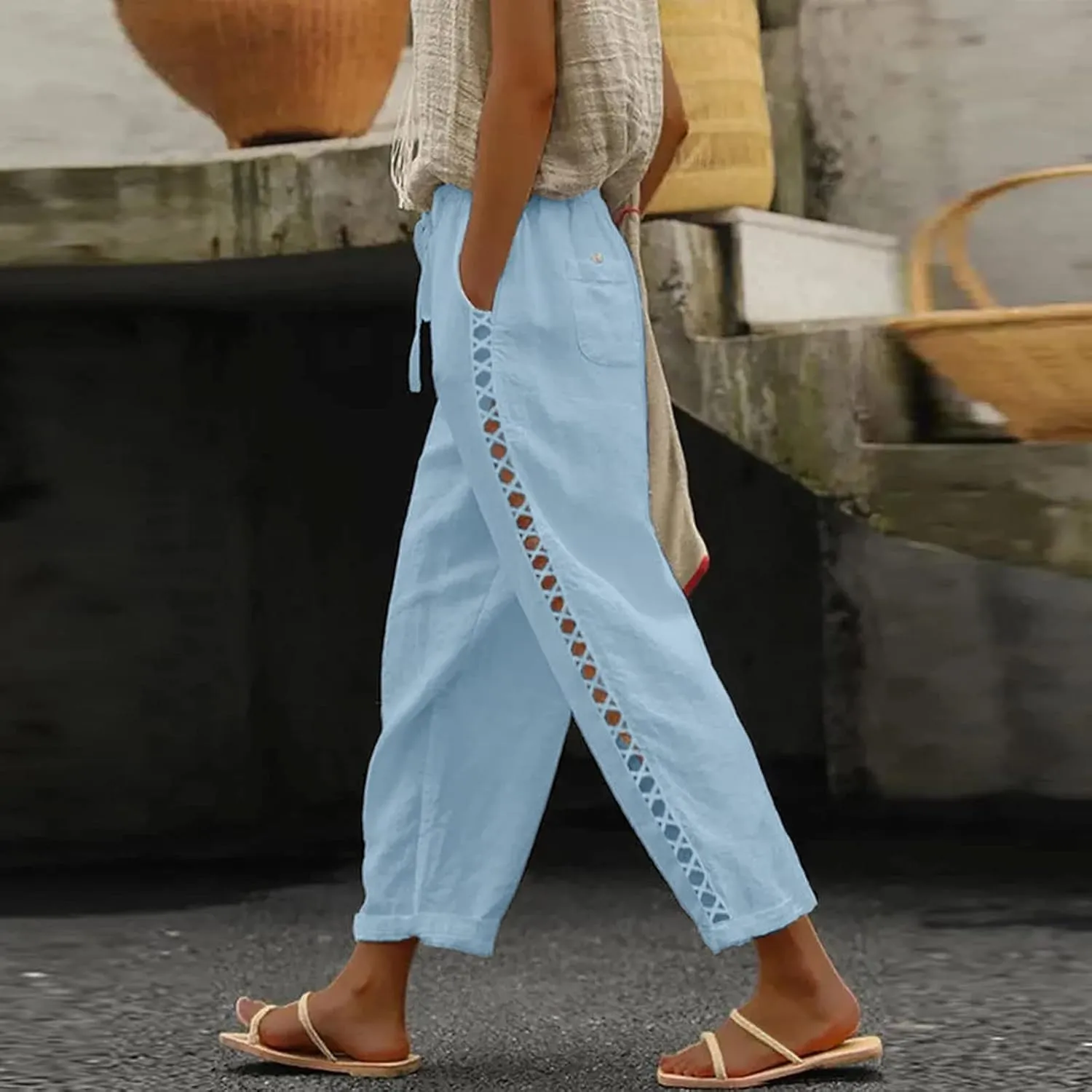 Linen Capris for Women Lightweight Summer Pants Drawstring Elastic Waisted Vacation Beach Linen Pants Casual Travel Trousers