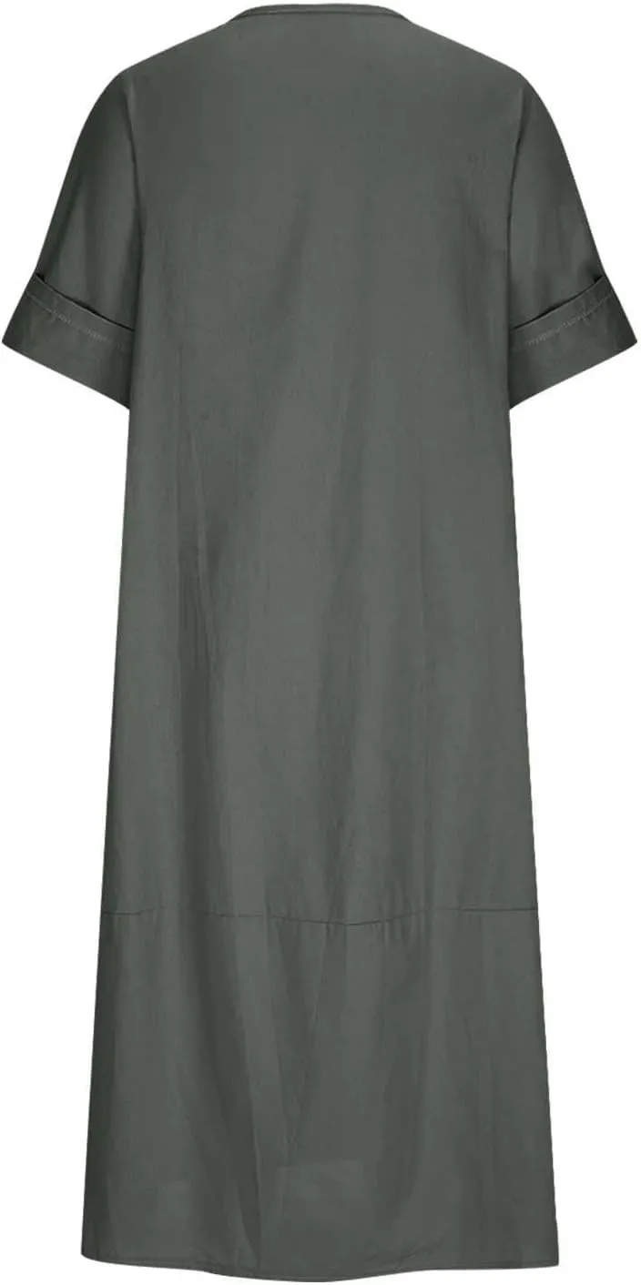 Linen Sundress for Women 2025 Casual Short Sleeve Round Neck Dress Fashion Solid Loose Pleated Long Dresses