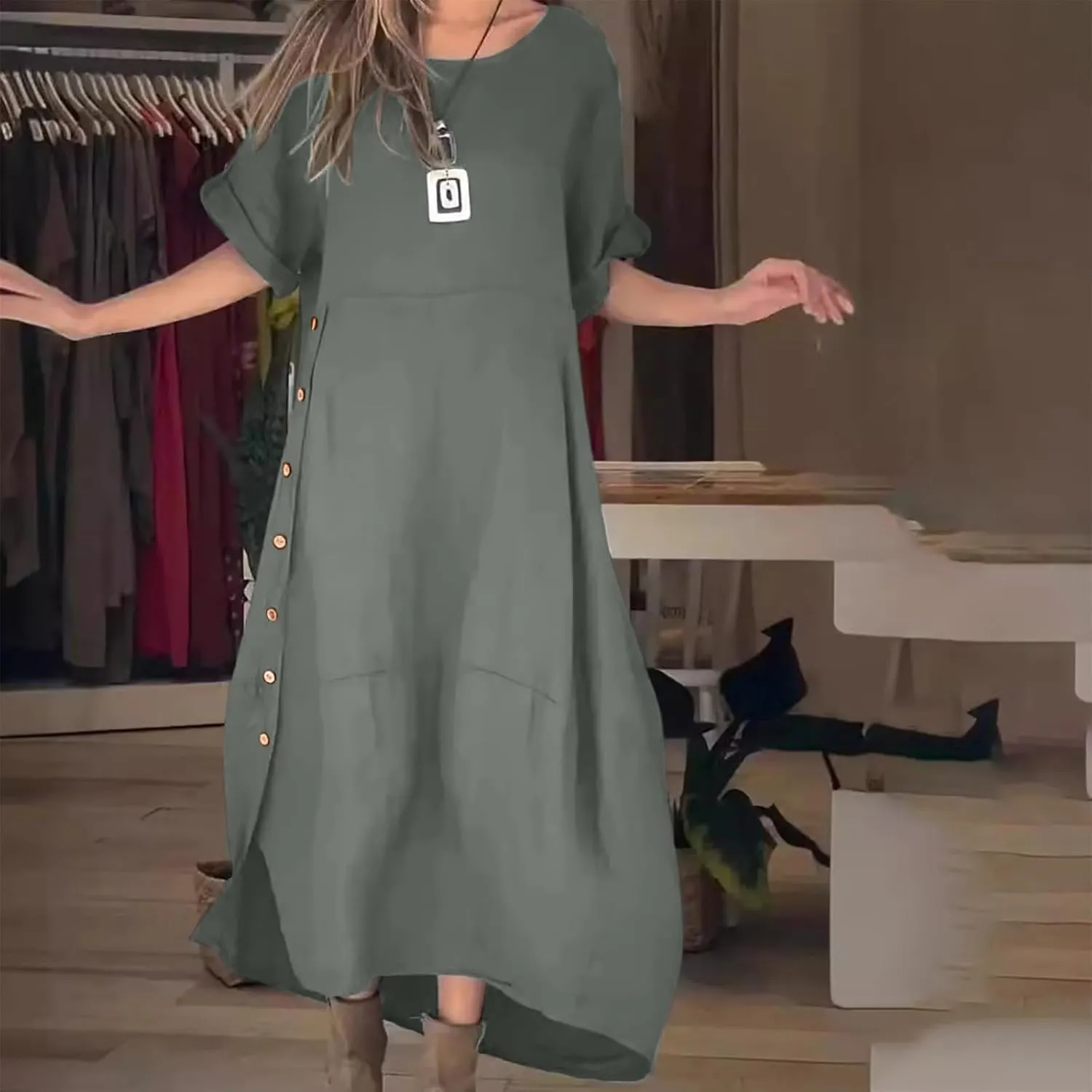 Linen Sundress for Women 2025 Casual Short Sleeve Round Neck Dress Fashion Solid Loose Pleated Long Dresses