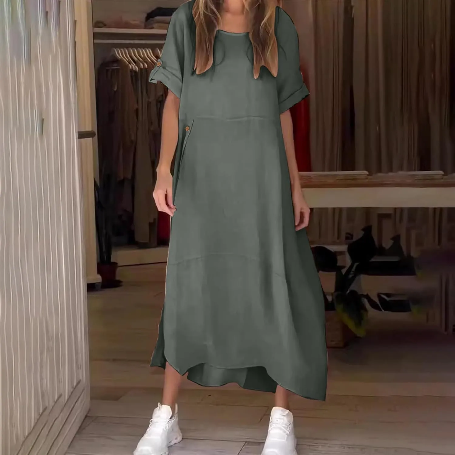 Linen Sundress for Women 2025 Casual Short Sleeve Round Neck Dress Fashion Solid Loose Pleated Long Dresses
