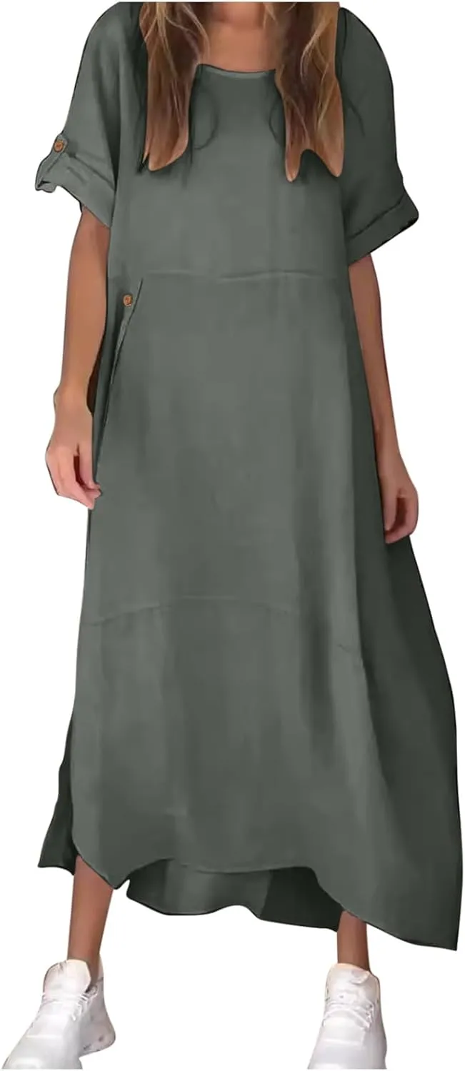 Linen Sundress for Women 2025 Casual Short Sleeve Round Neck Dress Fashion Solid Loose Pleated Long Dresses